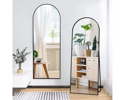 Passpiegel 164x54 cm - Grote wandspiegel met multifunctionele aluminium lijst (hangend/zittend/staand), Passpiegel voor badkamer, slaapkamer, hal of woonkamer, Zwart Halfrond