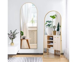 Passpiegel 177x77 cm - Grote wandspiegel met multifunctionele aluminium lijst (hangend/zittend/staand), Passpiegel voor badkamer, slaapkamer, hal of woonkamer, Goud Halfrond