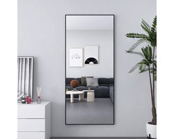 Passpiegel 180x80 cm - Grote wandspiegel met multifunctionele aluminium lijst (hangend/zittend/staand), Passpiegel voor badkamer, slaapkamer, hal of woonkamer, zwart