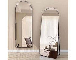 Passpiegel - 60 x 160cm Zwart - Arch Spiegel - Gebogen - Aluminium Frame HD Mirror - Staande Spiegel - Afgeronde Rand - Ovale Randen - Vrijstaande - Halfrond - Hangspiegel Met Haken - Kleedkamer Spiegel - Wandspiegel - Veiligheidsglas