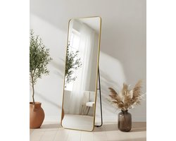 Passpiegel Goud - Minimalistische Design Wandspiegel - Staande Spiegel met Metalen Rand - Goud - Modern - Kleedkamer Spiegel - 150x50CM