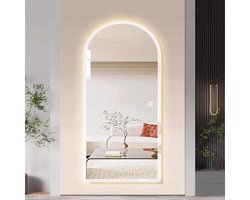 Passpiegel met LED Verlichting en Verwarming 100x180cm - Afimona Tuba - Randloos - Wandspiegel voor Woonkamer en Badkamer - Rondboog Vorm - Touch Bediening - Dimbaar - Aanpasbare Lichtkleur