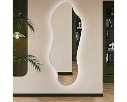 Passpiegel met LED Verlichting en Verwarming 56x150cm - Afimona Verda - Randloos - Wandspiegel voor Badkamer en Woonkamer - Organische Vorm - Touch Bediening - Dimbaar - Aanpasbare Lichtkleur