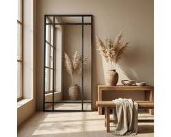 Passpiegel Staand Nova - Industrieel Stalen Raamwerk Design - Wandspiegel Zwart - Grote Spiegel Rechthoekig - 190x90 CM