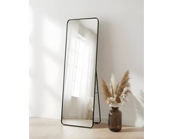 Passpiegel Zwart - Minimalistische Design Wandspiegel - Staande Spiegel met Metalen Rand - Zwart - Modern - Kleedkamer Spiegel - 150x50CM