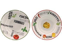 Pastaborden - Diep Bord - Porselein - set van 6 stuks - 27 CM - Twee verschillende Italiaanse prints