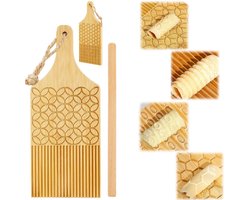 Pastaplank – Deegplank – Italiaans pastavorm gereedschap – Handmatige pastavormer – Gnocchi maker – Dubbelzijdige textuur – Deegbalmaker – Bamboe deegrolgereedschap – Inclusief deegroller – Voor gnocchi, macaroni, garganelli (Bruin – 25 x 10 cm)