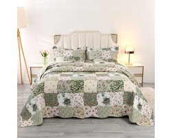 Patchwork Bedsprei - Polyester - Ultrasoon Gestikt - Lichtgewicht - Inclusief 2 Kussenslopen - Voor Tweepersoonsbed & Bank - Groen met Bloemenpatroon - 220x230 cm