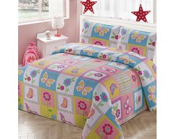 Patchwork Dekbedovertrek Set Tweepersoons met Kussenslopen Vlinder Bloemen Kinderen