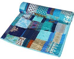 Patchwork Kantha Quilt - Handgemaakte sprei - Decoratief wonen - Uniek handgestikt ontwerp - King 108" x 108" - Blauw