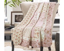 Patchwork Quilt 100% Katoen Queen Size Roze Bloemen Omkeerbare Vintage Dekens