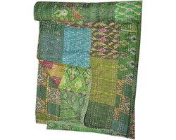 Patchwork Quilt - Kantha Deken - Decoratie Huis - Handgemaakt Patola - Queen Size - Groen
