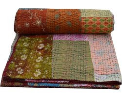 Patchwork Quilt - Kantha Sprei Indian Deken - Decoratieve Woondecoratie - Handgemaakt Vintage Zijde - 90x108 inch - Geel