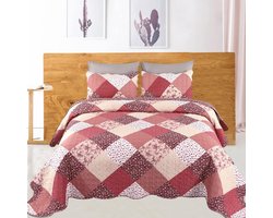 Patchwork-Sprei 220 x 240 cm - Omkeerbare Deken met Kussenslopen - Bedsprei en Bankdeken - 3-delige Set - Polyester - Het Hele Jaar Door Gebruik - Steenrood