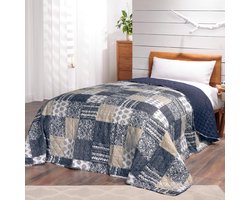 Patchwork Sprei 220x240 cm – Mellow Blue Vintage Bedsprei – Tweepersoonsbed Plaid in Patchwork-Stijl – Zachte Decoratieve Sprei voor Landelijke en Moderne Slaapkamers