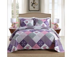 Patchwork sprei 240 x 260 cm, lila patchwork deken set met kussen, gewatteerde deken van polyester 250 x 270 cm, sprei voor tweepersoonsbed