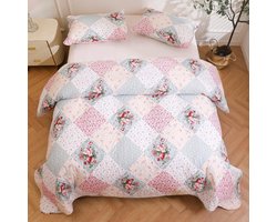 Patchworkdeken 220x240 cm - Roze - Gewatteerde Bedsprei Microvezel - Multifunctionele Deken Bankdeken - Dekbed + 2 Kussenslopen 50x70 cm