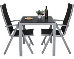 Patio dinerset – Voor tuin, terras & zwembad – 1 buitentafel & 2 verstelbare textilene stoelen – Zwart met zilverkleurige rand