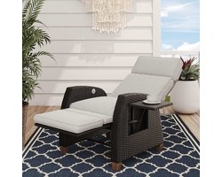Patio Ligstoel met kussen, armleuningen, aluminium frame, verstelbare rugleuning, rotan, voor binnen en buiten, crèmekleurig kussen en grijs rotan