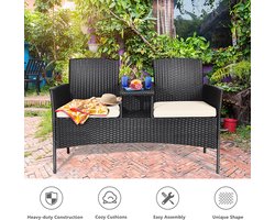 Patio Loveseat met Tafel van Gehard Glas PE Rotan Meubelset Moderne Outdoor Gespreksbank voor Tuin Wit
