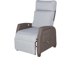Patio Relaxligstoel, ligstoel met zitkussen, tuinstoel, verstelbare rugleuning, rotan, zonnebed voor binnen, buitengebruik, beige zitkussen en bruin rotan