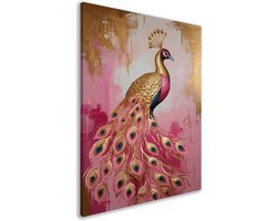 Pauw wanddecoratie - Dieren - Decoratie woonkamer - Goud - Roze - Muurdecoratie kinderkamer - Canvas slaapkamer - Cadeau voor vrouwen - Canvas schilderij 75x100 cm
