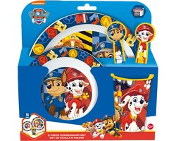PAW Patrol Kinderservies - 5-delig - Herbruikbaar - Inclusief bord, kom, bestek en beker - Vaatwasser- en microgolfbestendig & BPA-vrij - Wit/Blauw