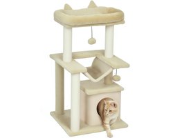 PawHut Krabpaal 90 cm met Kattenhuisje en Hangmat - Kattenboom, Krabtoren voor Katten - Creme