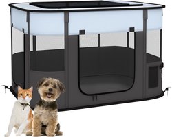 PawHut Welpenauslauf, Welpenlaufstall mit Türen, Fenster, faltbar Laufgitter, Atmungsaktiv Netz, für kleine Hunde unter 10 kg und Kleintiere, Indoor und Outdoor, 94 x 74 x 60 cm, Grau