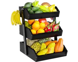 Pazzo Goods - Fruitmand Bamboe 3 Laags - Fruitschaal - Bamboe Hout - Staande Fruitmand Etagere - Hout – Aardappelbak - Zwart - vaderdag