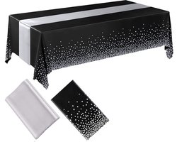 Pazzo Goods Zwart Plastic Tafelkleed met Zilveren Tafelloper – Rechthoekig 274x137 cm – Voor Binnen & Buiten – Tafeldecoratie Set