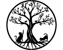 Pduoduo Metalen Levensboom - Metalen Wanddecoratie met Katten, Zwarte Muurophangende Decor Silhouet Muurkunst voor Binnen Cadeau Buiten Cadeau Tuin Home Decoratie, 30cm