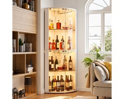 PEALOV-4-laagse hoekige barkast van hout-Wijnkast met LED en glazenhouder-Glasvitrine met deur-Wijntafel met hangend kopjesrek voor keuken, eetkamer en woonkamer-Wit
