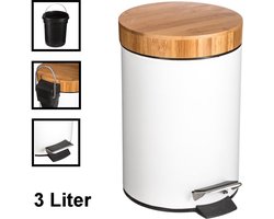 Pedaalemmer 3 liter - Met Bamboe Houten Deksel - Pedaalemmer 3L - Prullenbak - Keuken toilet - 17Øx25.5 Cm - Mat Wit