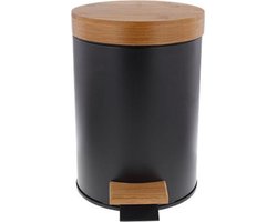 Pedaalemmer - Zwart / Bruin - Metaal / Bamboe - Rond - 3L -  Ø 17 x h 24 cm