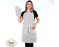 Pedra Keukenschort Set Ovenwant met Pannenlap 60x80 cm Grijze lijnen Kookschort met zakken Horeca kleding bedieningsschort dames Restaurant Schort voor vrouwen