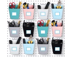 Pegboard-containers, 12 stuks, met haken en etiketten, voor wandmontage, pegboard, accessoires, garages, opbergdozen voor pegboard, wandgereedschap, 6 kleuren