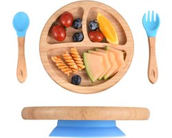 Pencilluxe® Rond Bamboe Baby Bord (Blauw) - Baby Cadeau - Kinderservies set - Zuignap - Kinderbord - Baby servies - Baby bestek - Melamine & BPA-vrij - Vakjesbord - Kraammand - Kraamcadeau - Babyshower cadeau - Baby - Geboorte Cadeau - Kraamvisite