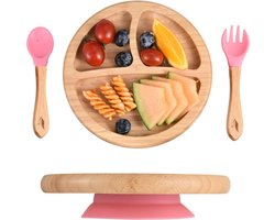 Pencilluxe® Rond Bamboe Baby Bord (Roze) - Baby Cadeau - Kinderservies set - Zuignap - Kinderbord - Baby servies - Baby bestek - Melamine & BPA-vrij - Vakjesbord - Kraammand - Kraamcadeau - Babyshower cadeau - Baby - Geboorte Cadeau - Kraamvisite