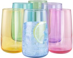 Penelope Drinkglazen, 490 ml, kleurrijke glazen, set van 6 drinkglazen, grote waterglazen, cocktailglazen, soft drink tumblers