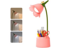 Penhouder Tafellamp LED Dimbaar met Touchbediening | USB Oplaadbare Bureau Lamp met Flexibele Hals | 3 Kleurtemperaturen | Roze Bloemen & Vogel Design