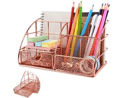 Pennenbak - 5 Vakken En Schuiflade - Desk Organizer - Rosé Goud - Pennenhouder - Bureau Organizer - Duurzaam - Vervaag Niet - Metaal - Pennenbakjes - Mesh - Mode - Multifunctioneel Opbergsysteem - Netjes & Classificatie - Bespaar Ruimte