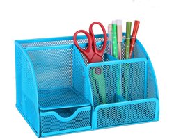 Pennenbak 6 vakken & 1 Schuiflade - Pennenhouder - Desk Buro - Bureau organizer - Mesh - Metaal - Pennenbakjes - Blauw