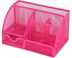Pennenbak 6 vakken & 1 Schuiflade - Pennenhouder - Desk Buro - Bureau organizer - Mesh - Metaal - Pennenbakjes - Rose