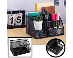 Pennenbak 6 vakken en Schuiflade - Pennenhouder - Desk - Bureau organizer - Mesh - Metaal - Pennenbakjes - Zwart