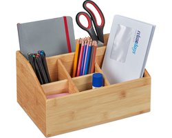 pennenbak bamboe - 6 vakken - 14 x 28 x 20 cm - bureau organizer - kantoor