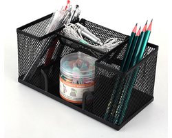 Pennenbak met 4 vakken - Pennenhouder - Desk - Bureau organizer - Pennenbakje - Metaal - Mesh - Pennenbakjes - Zwart