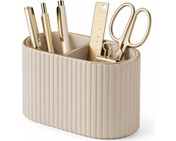 Pennhouder & Afstandsbediening Houder Ovaal Bureau - Elegante Crème Kunstleer met Gouden Rand - 2 Vakken Opbergbak, Makkelijk Schoon te Maken voor Kantoor en Thuis