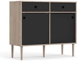 Penny dressoir 2 schuifdeuren en 2 laden Hickory decor en mat zwart.