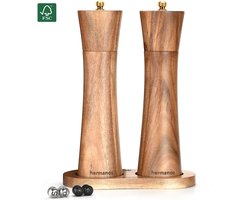 Peper en Zoutmolen Set Acaciahout Hermanos® - 22 cm - Pepermolen - Zoutmolen - Handmatig - Verwisselbare knoppen zwart, zilver en goud - Instelbare maalgraad - BBQ Accessoires - Verjaardag Cadeau